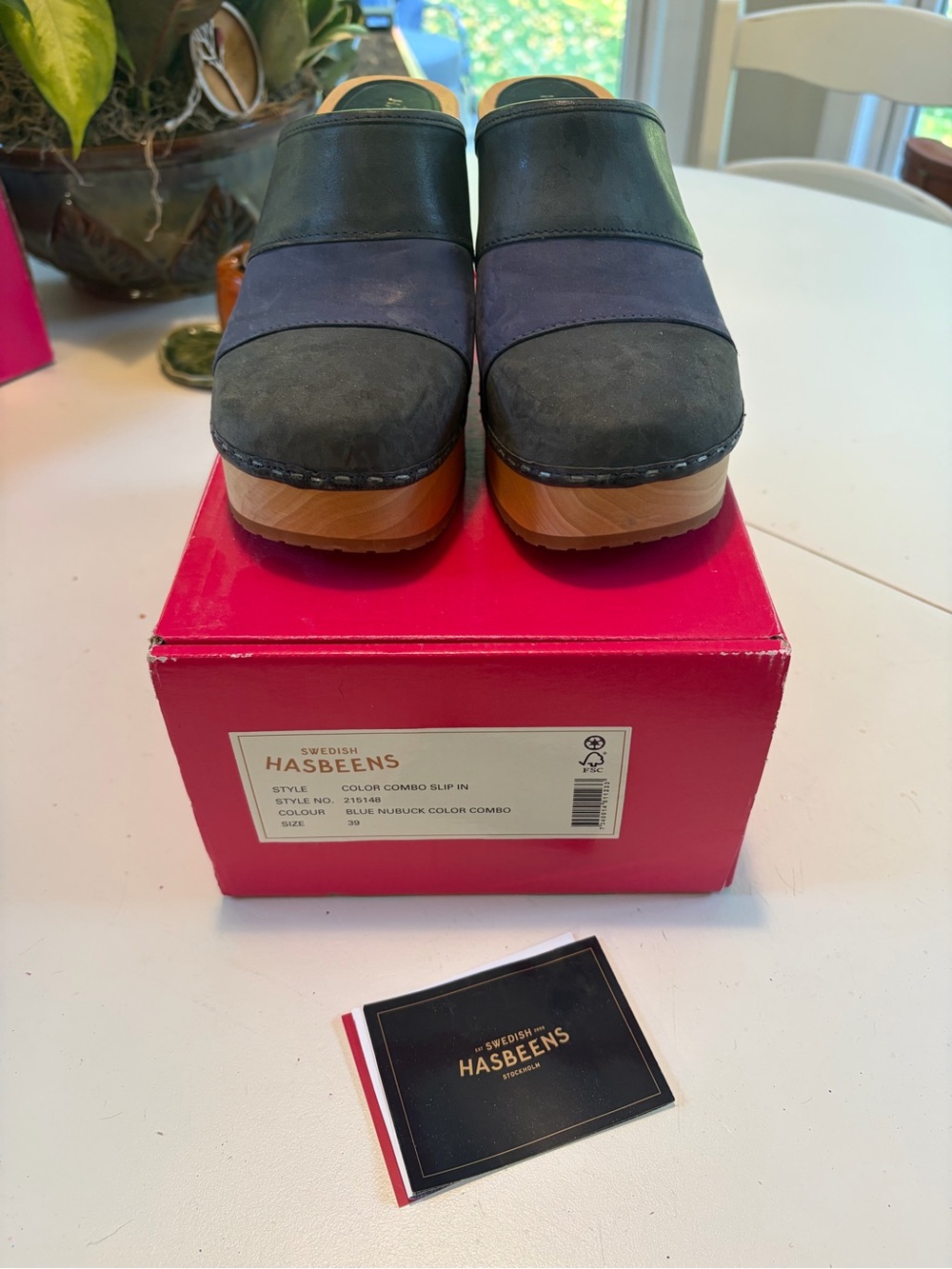 Swedish Hasbeens Two-Tone Slip-In Clogs in Black and Blue